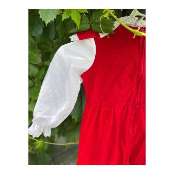 Vintage 80s Red Velvet Corduroy Romper Suit Formal White Lace One Piece Sz 3 - Picture 9 of 14